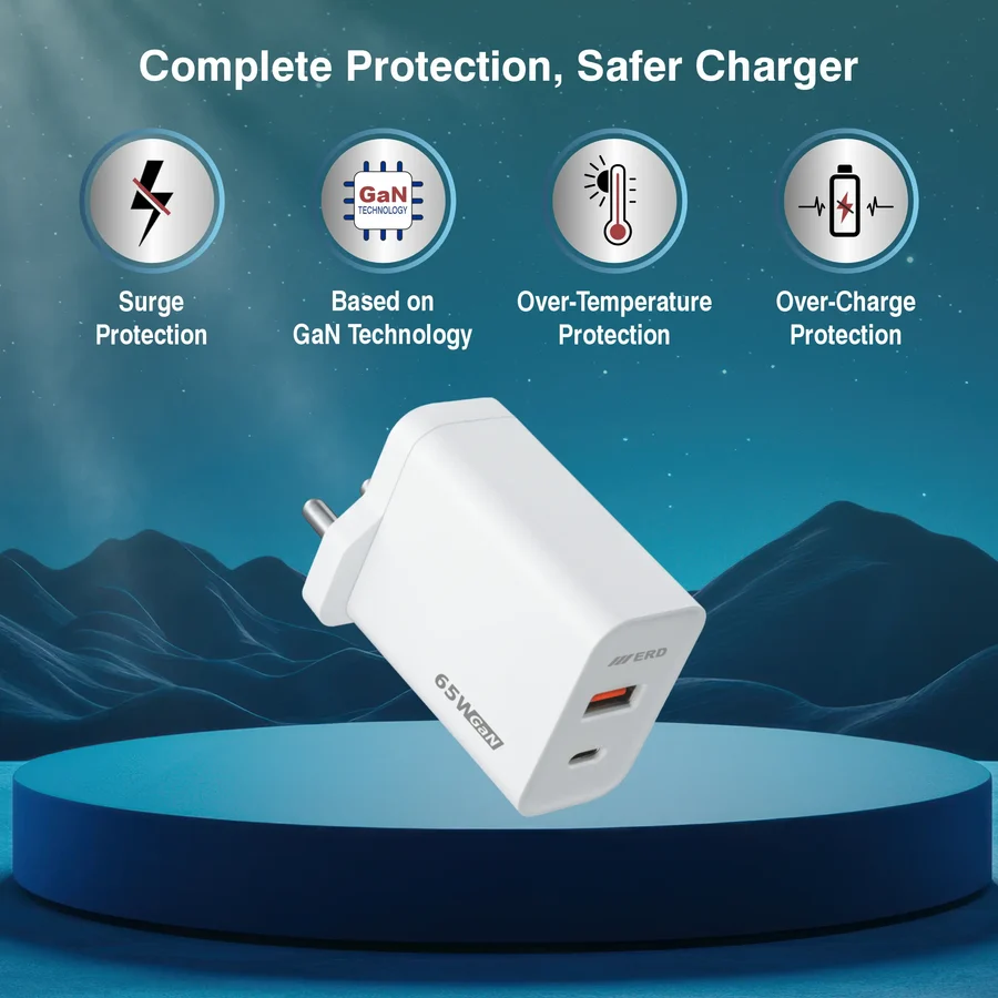 ERD TC-146 USB-A/C GaN Charger With USB-C TO C Data Cable, 65W 2